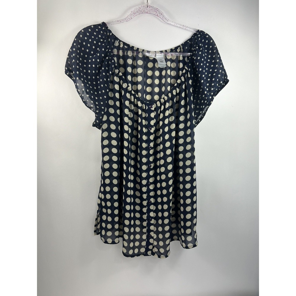 Emma James Woman Blouse Women's Sz 18W Navy Blue Tan Polka Dots‎ Sheer